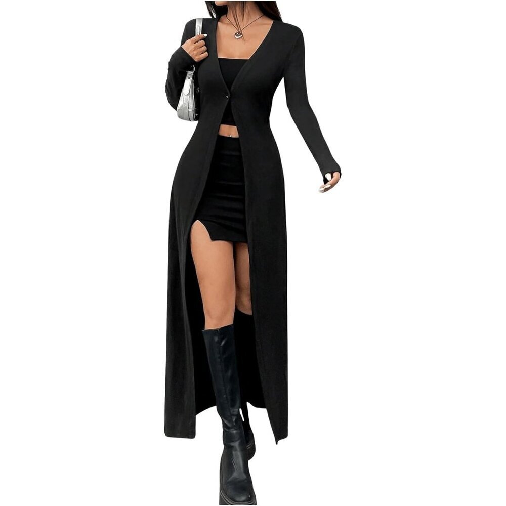 Women's Long Knit Cardigan V Neck Button Up Fall Sweater Cozy Fitted